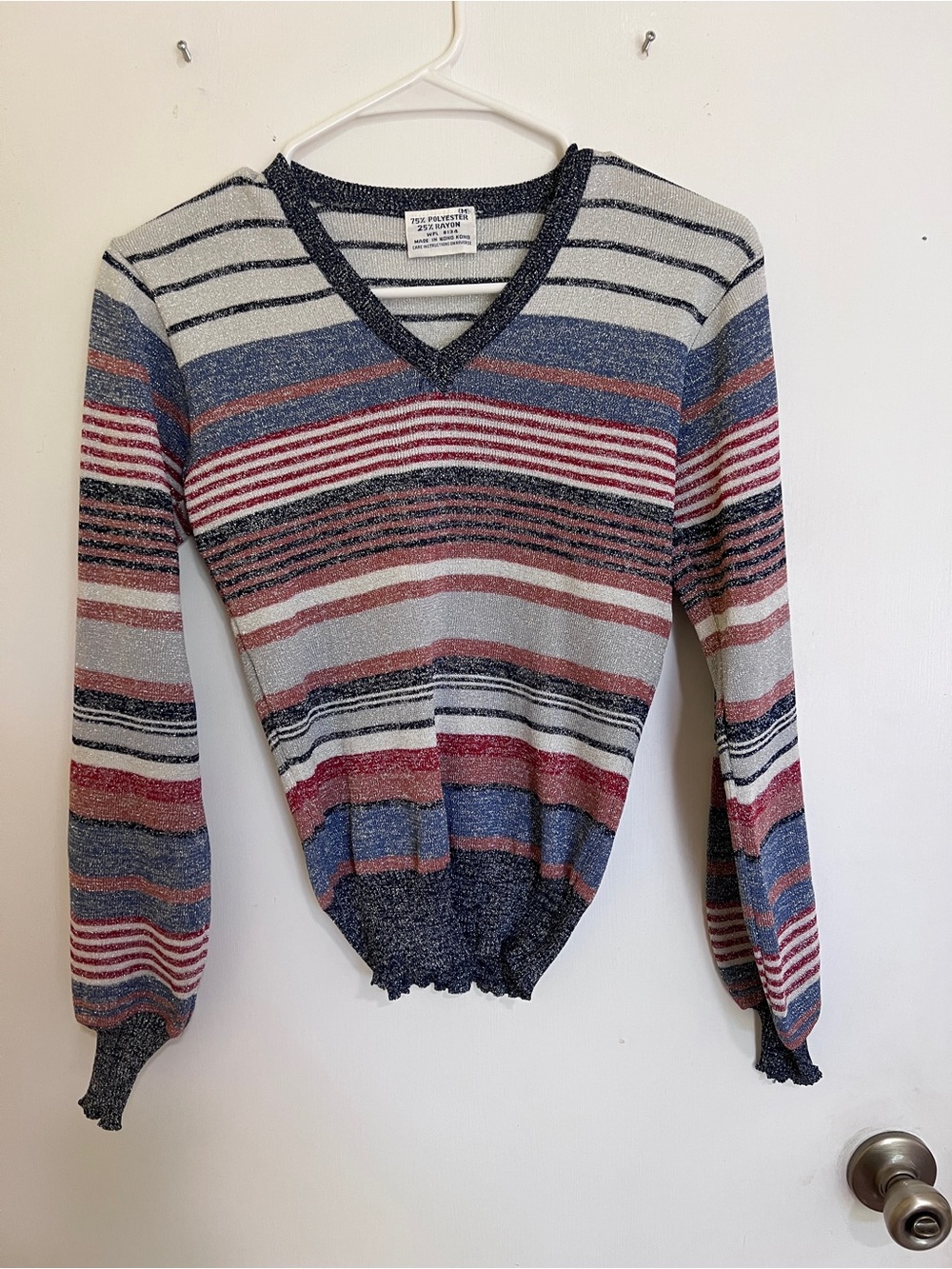Vintage 70’s metallic Striped V-Neck stretch women’s knit top